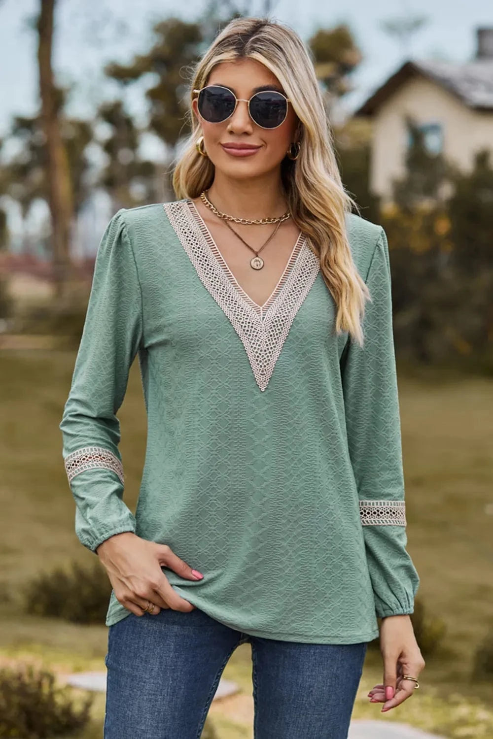 Light Green V-Neck Long Sleeve T-Shirt tops