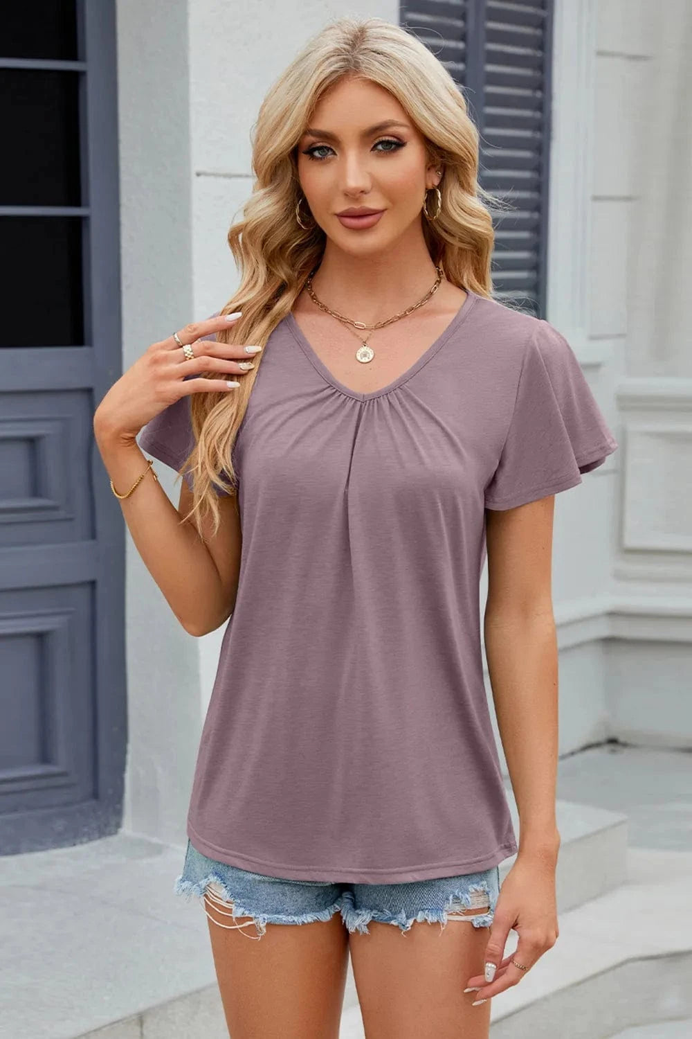 Lilac V-Neck Short Sleeve T-Shirt tops
