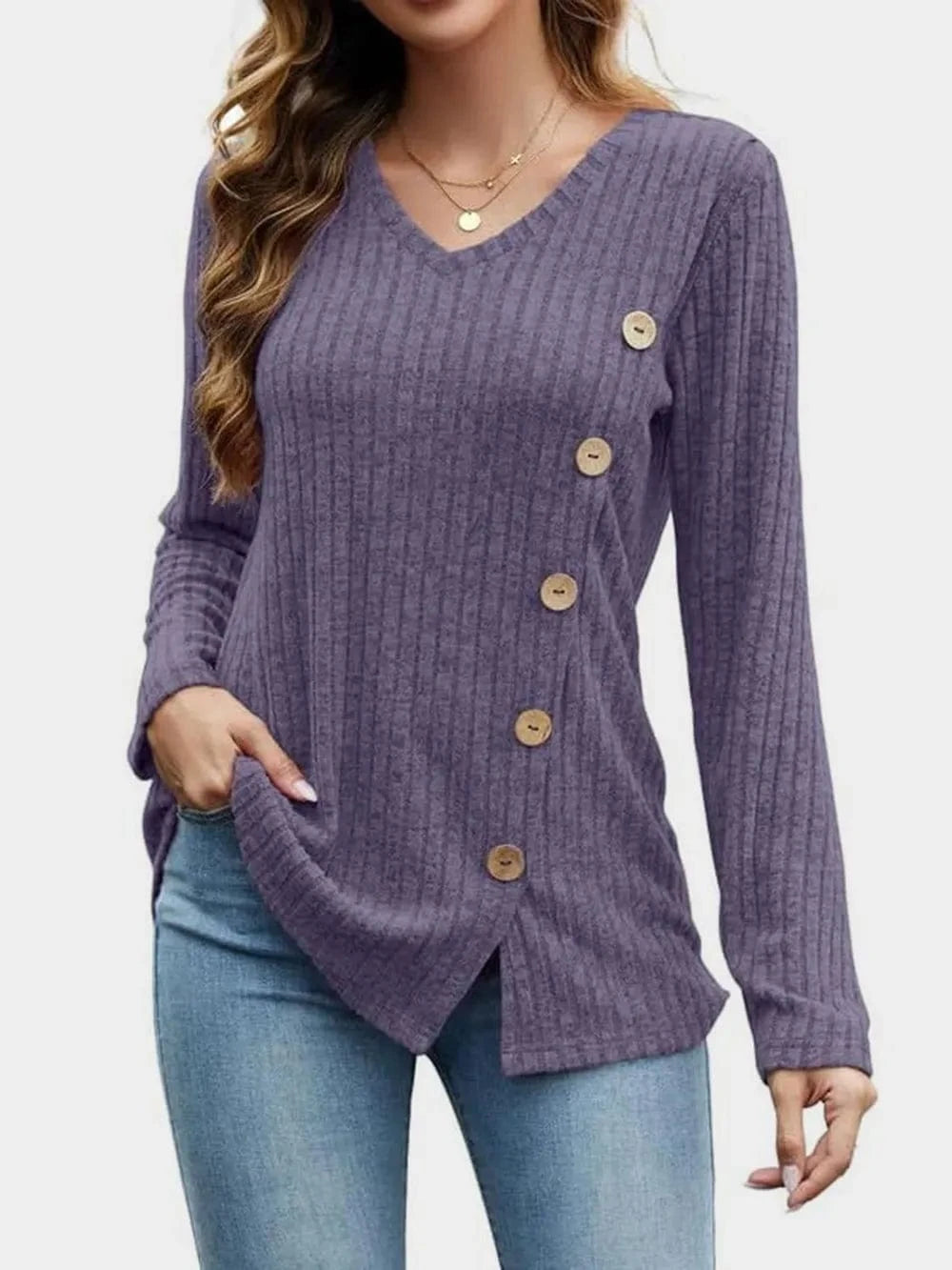 Mauve V-Neck Long Sleeve T-Shirt tops