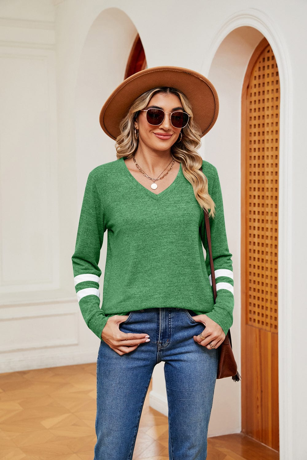 Mid Green V-Neck Long Sleeve T-Shirt tops