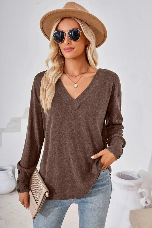Mocha V-Neck Dropped Shoulder T-Shirt tops