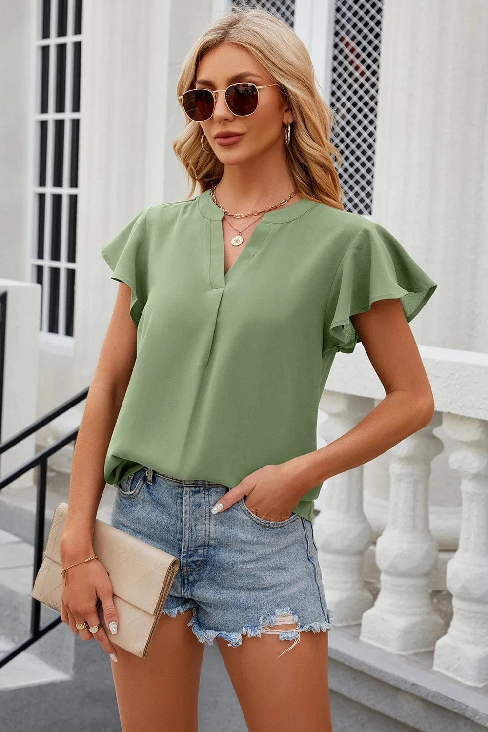 Notched Cap Sleeve T-Shirt tops