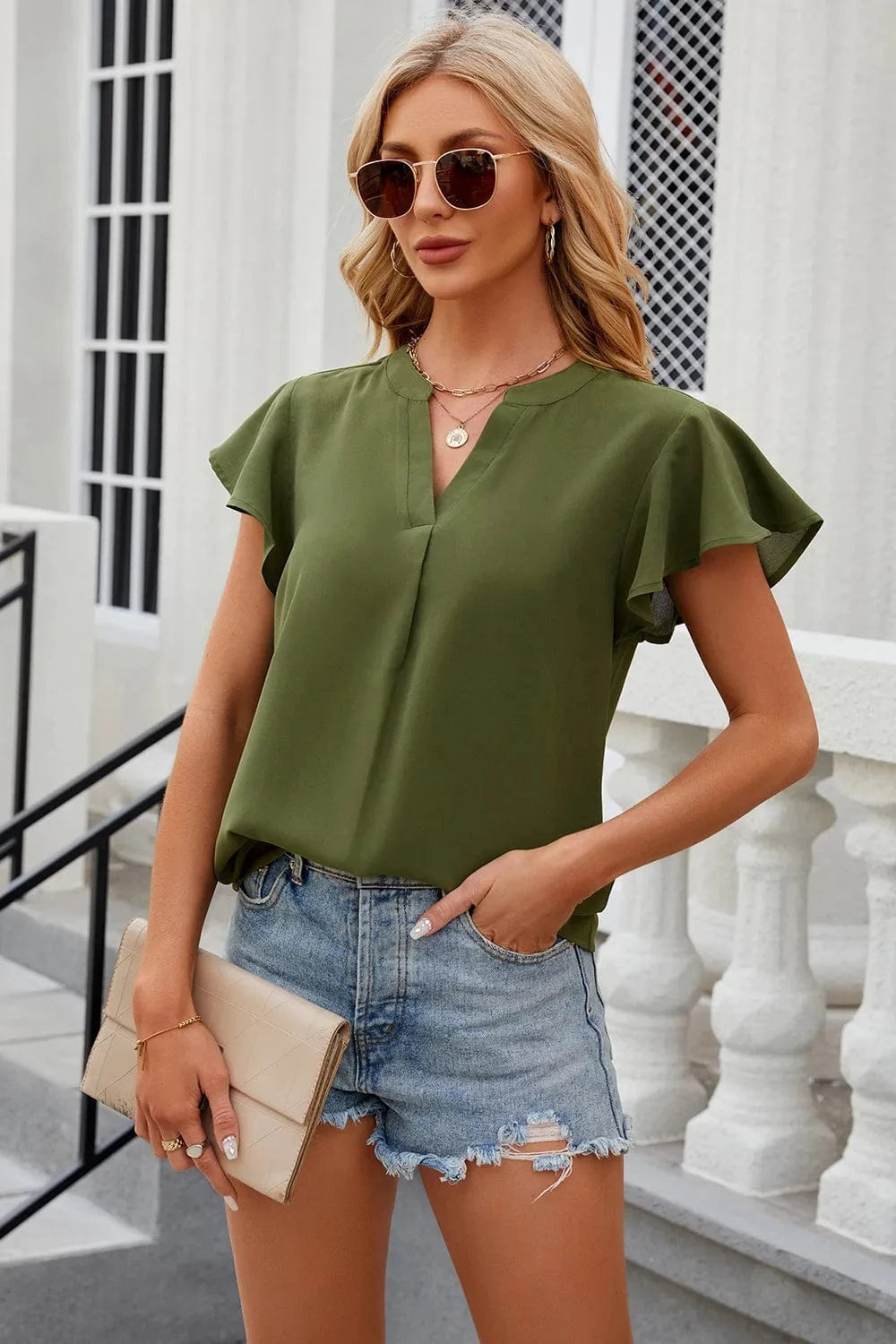 Notched Cap Sleeve T-Shirt tops
