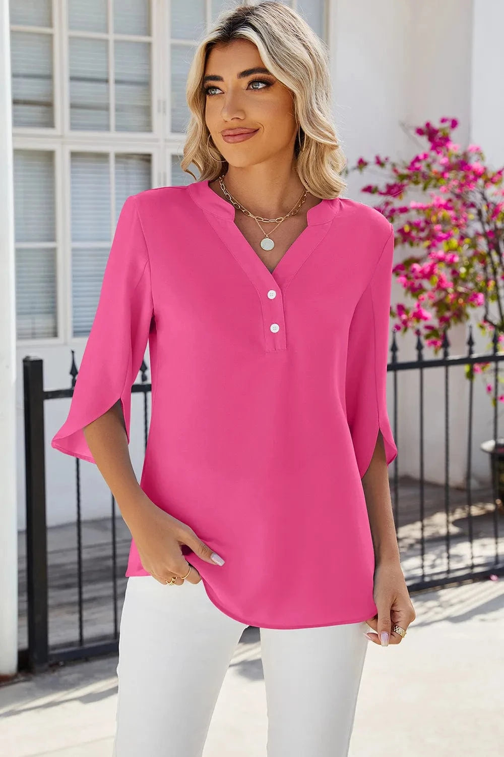 Notched Half Button T-Shirt tops