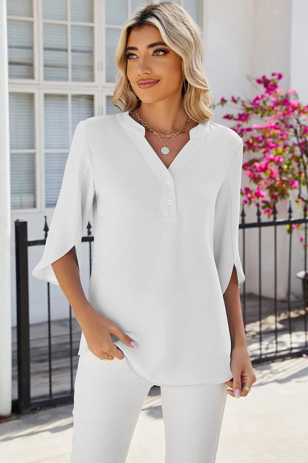 Notched Half Button T-Shirt tops