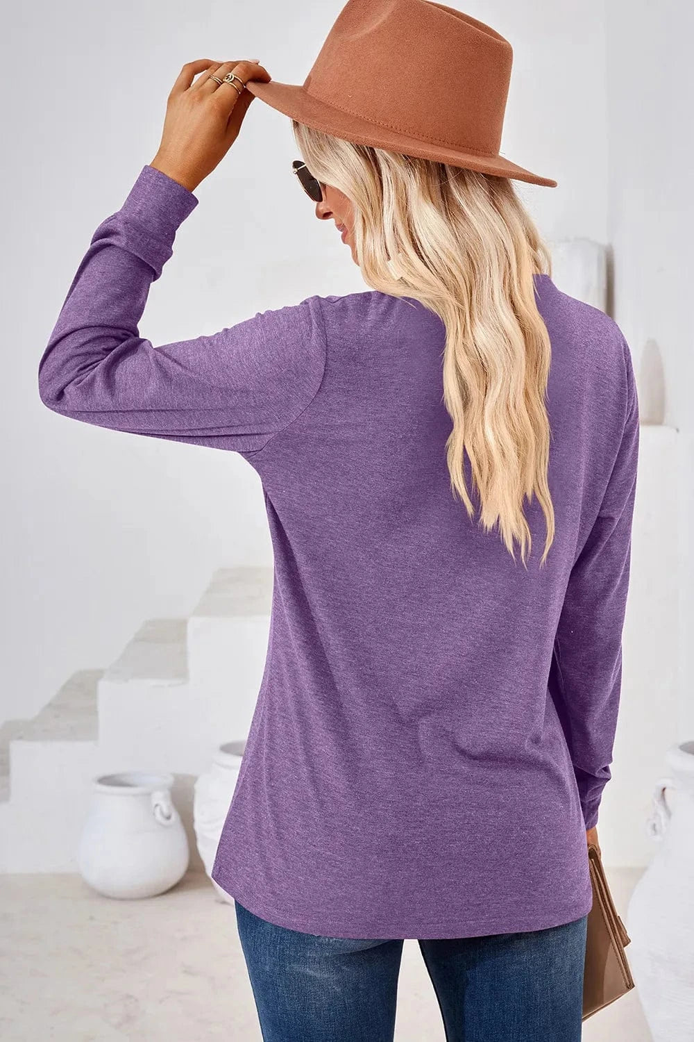 Notched Long Sleeve T-Shirt tops