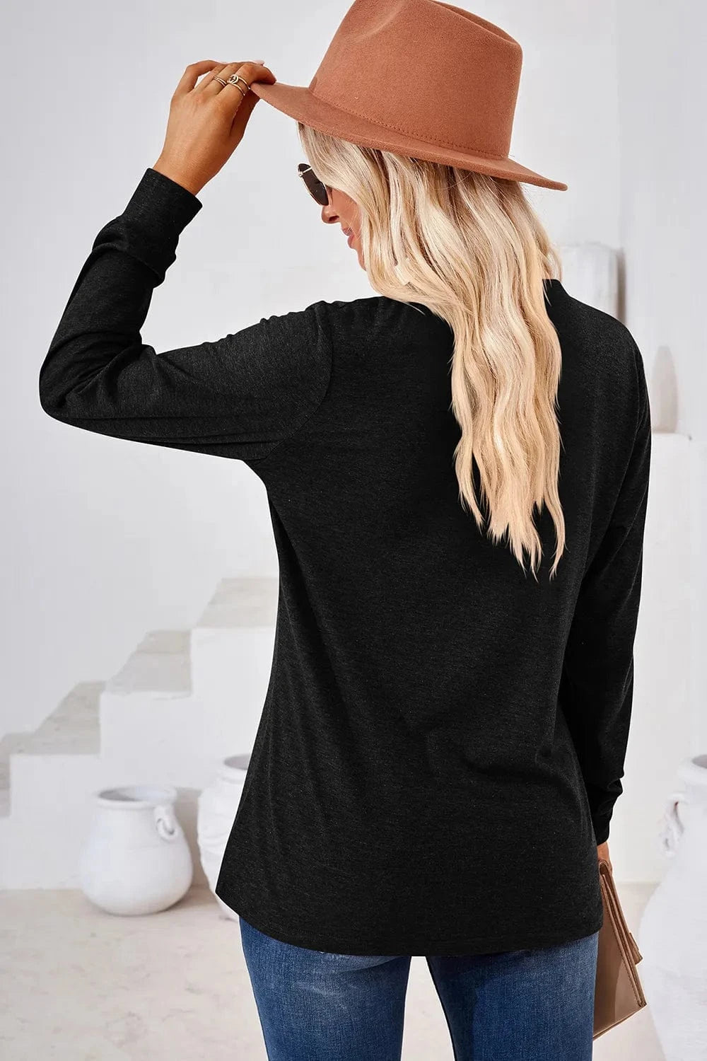 Notched Long Sleeve T-Shirt tops