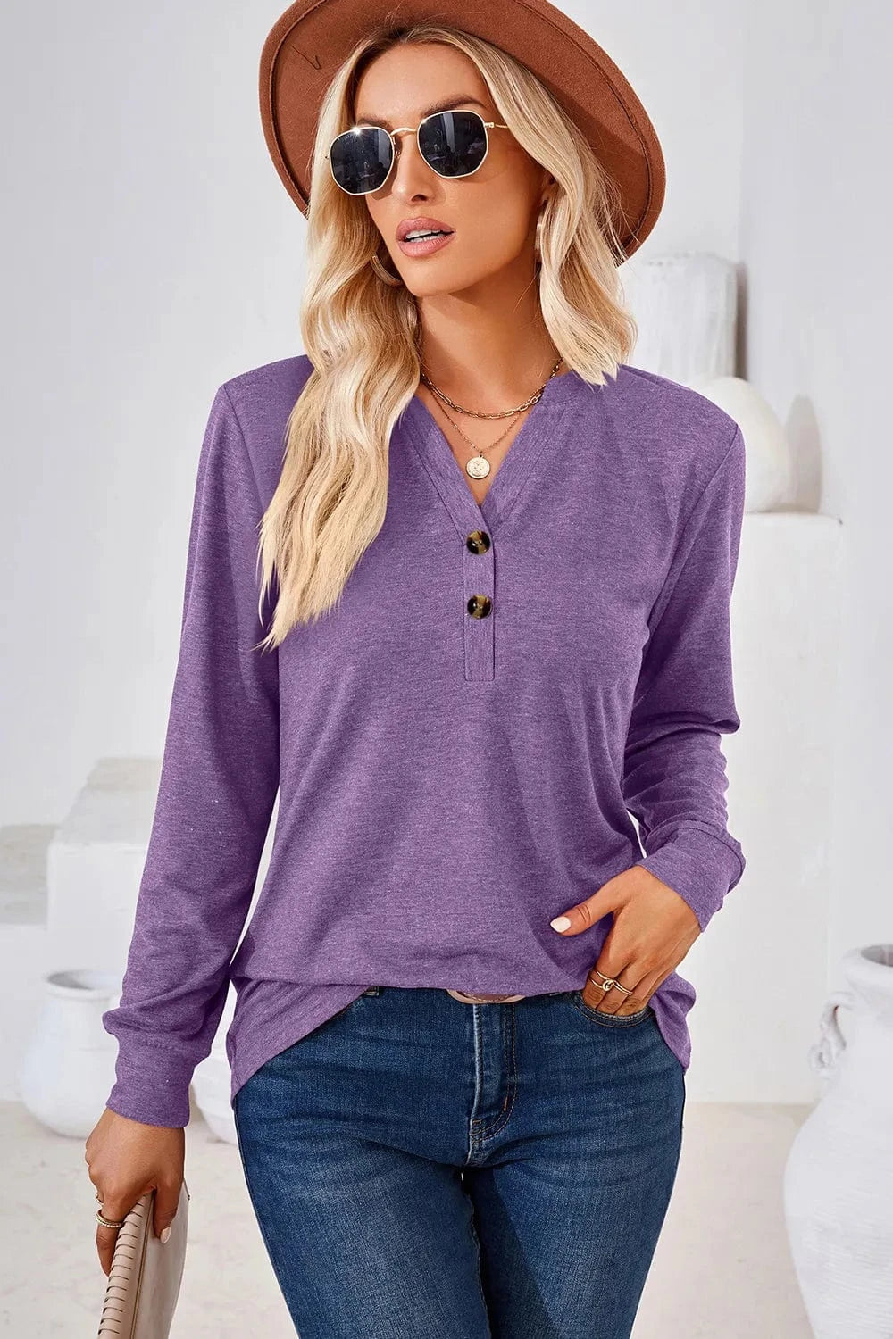 Notched Long Sleeve T-Shirt tops