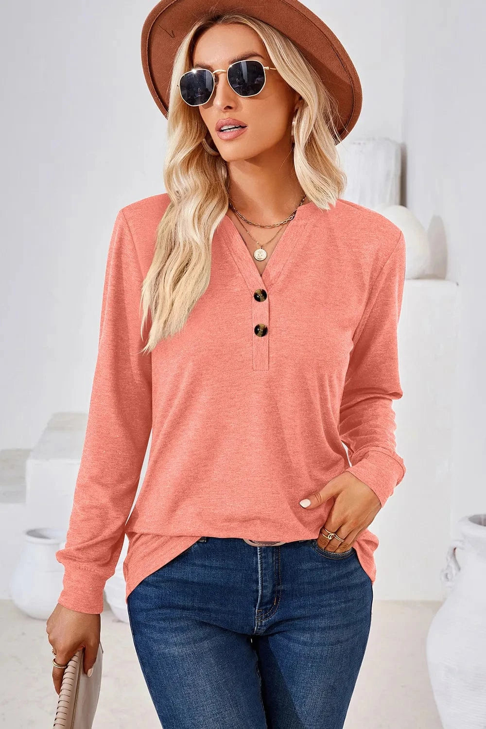 Notched Long Sleeve T-Shirt tops