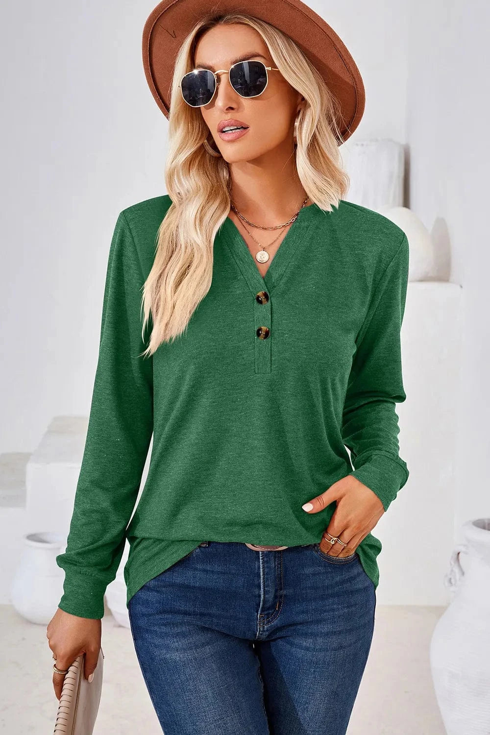 Notched Long Sleeve T-Shirt tops