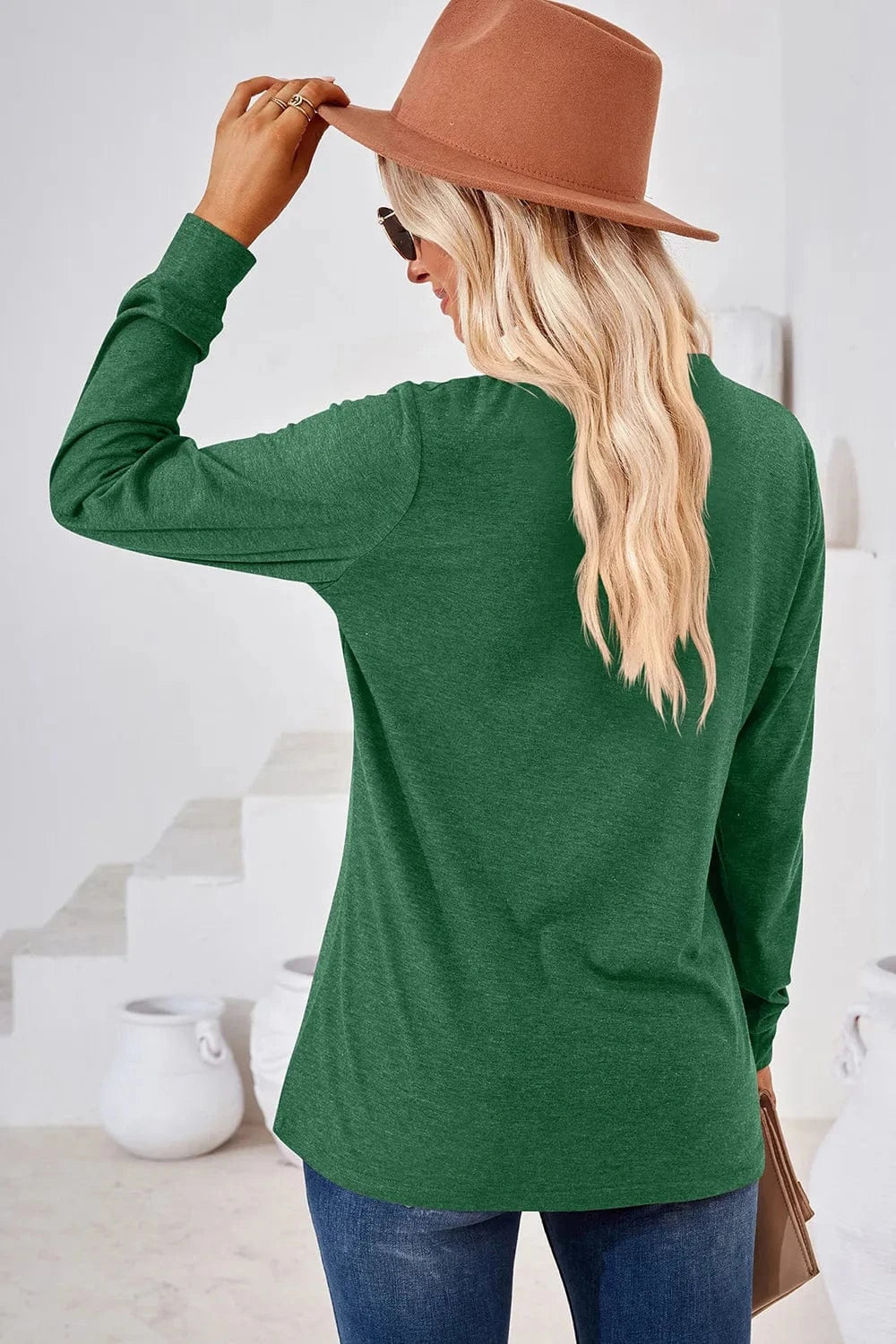 Notched Long Sleeve T-Shirt tops