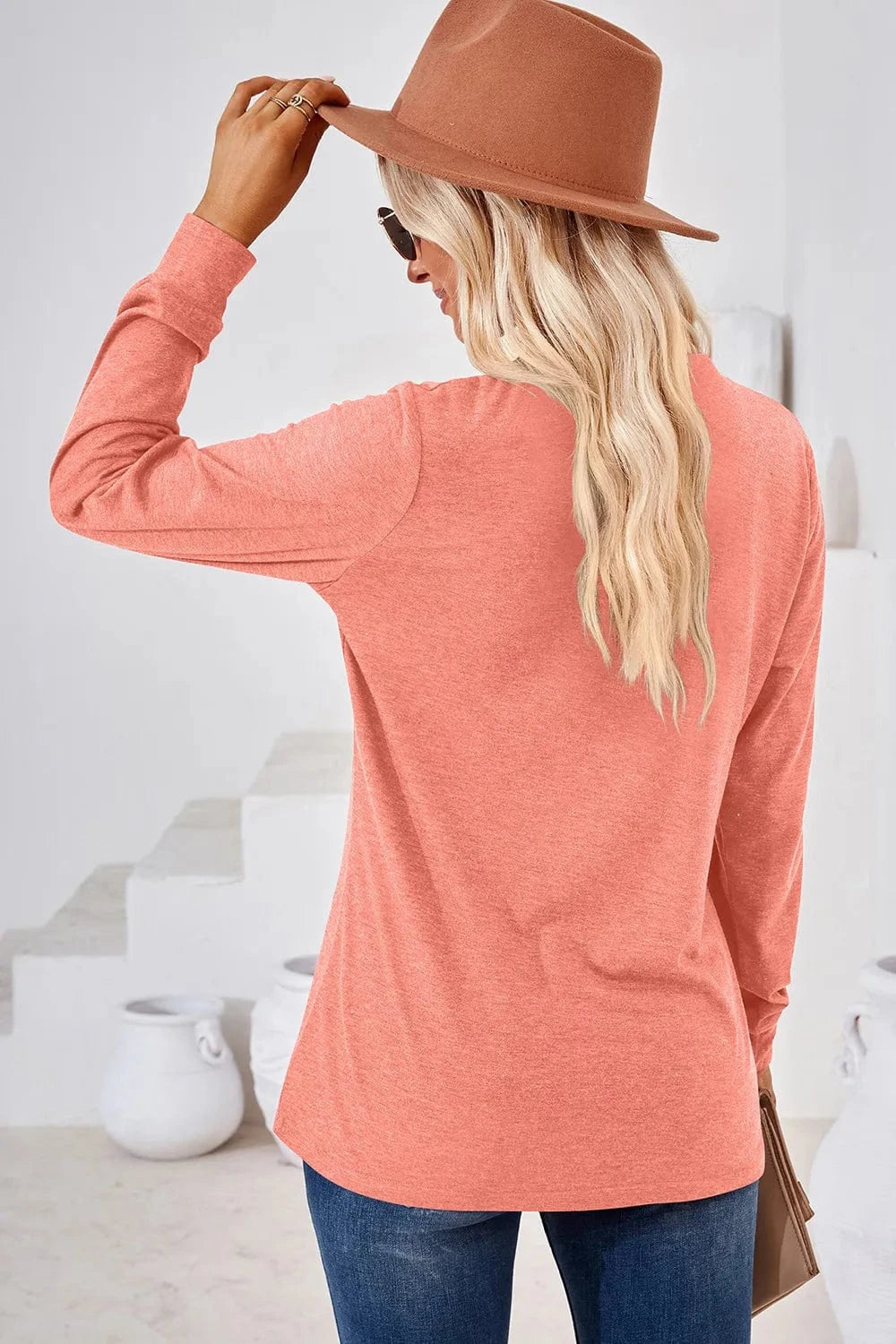 Notched Long Sleeve T-Shirt tops