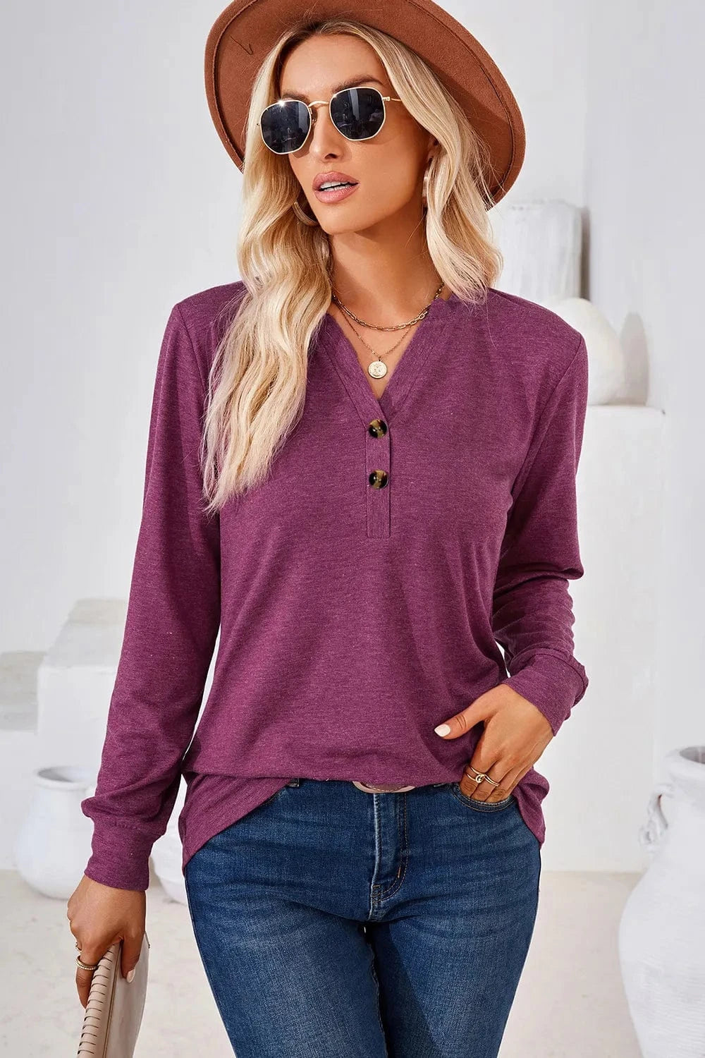 Notched Long Sleeve T-Shirt tops