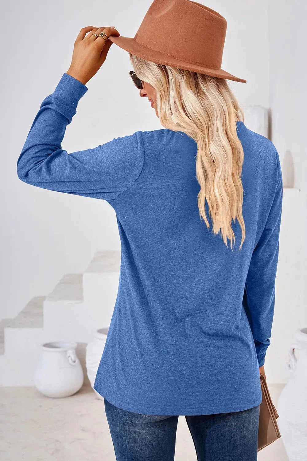 Notched Long Sleeve T-Shirt tops