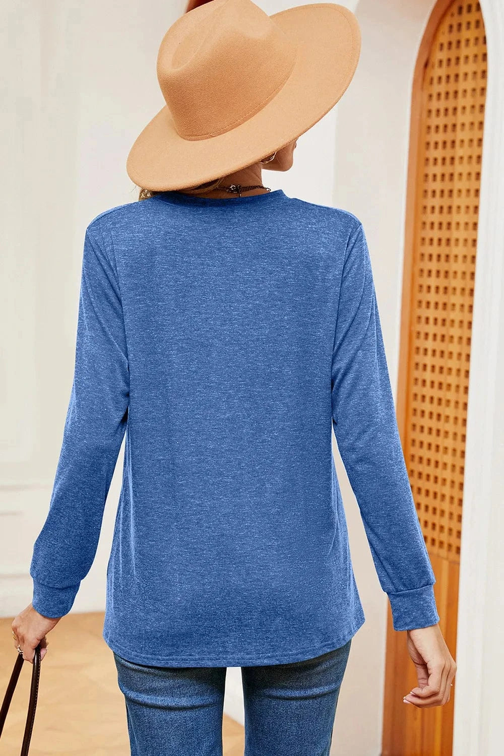 Notched Long Sleeve T-Shirt tops