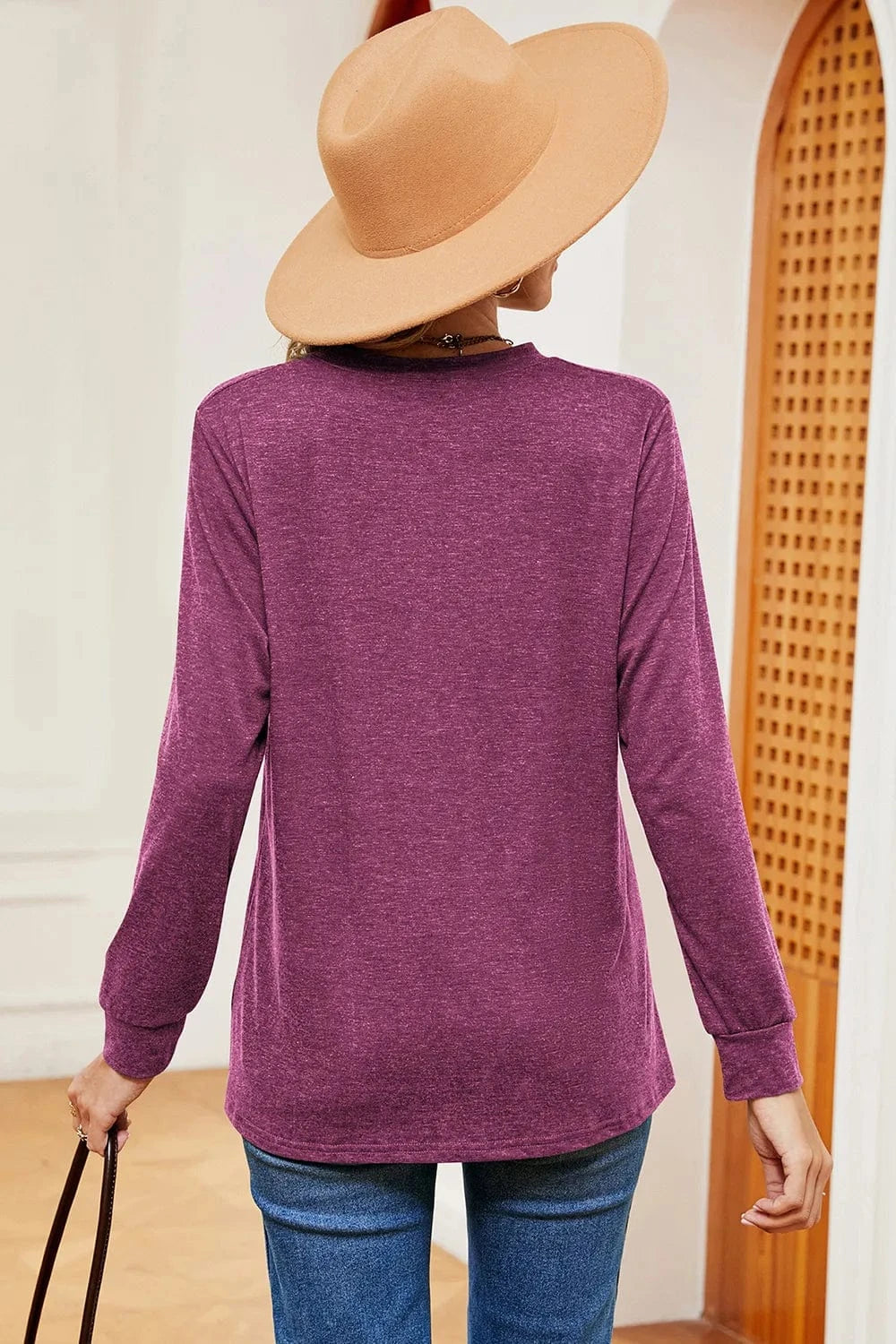 Notched Long Sleeve T-Shirt tops