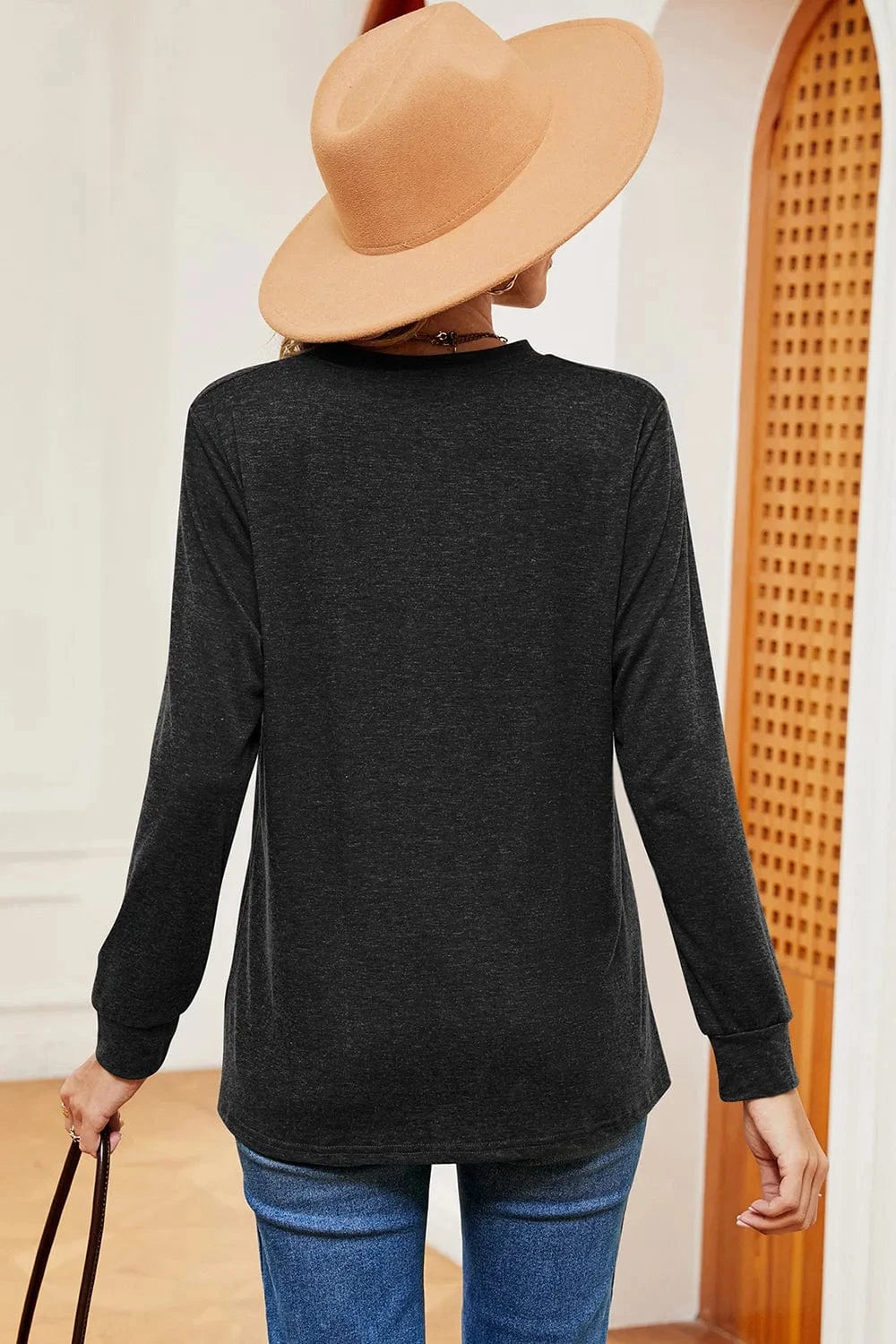 Notched Long Sleeve T-Shirt tops