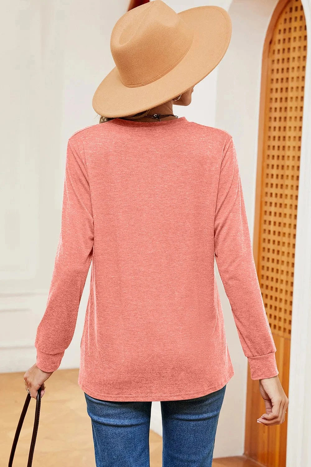 Notched Long Sleeve T-Shirt tops