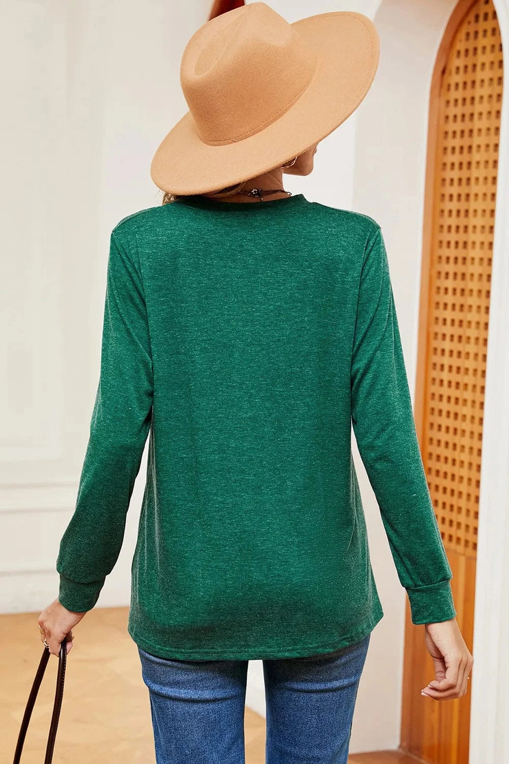 Notched Long Sleeve T-Shirt tops