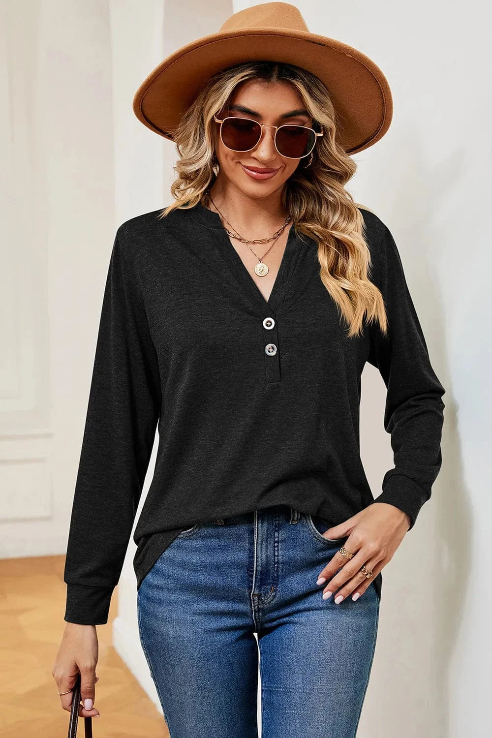 Notched Long Sleeve T-Shirt tops