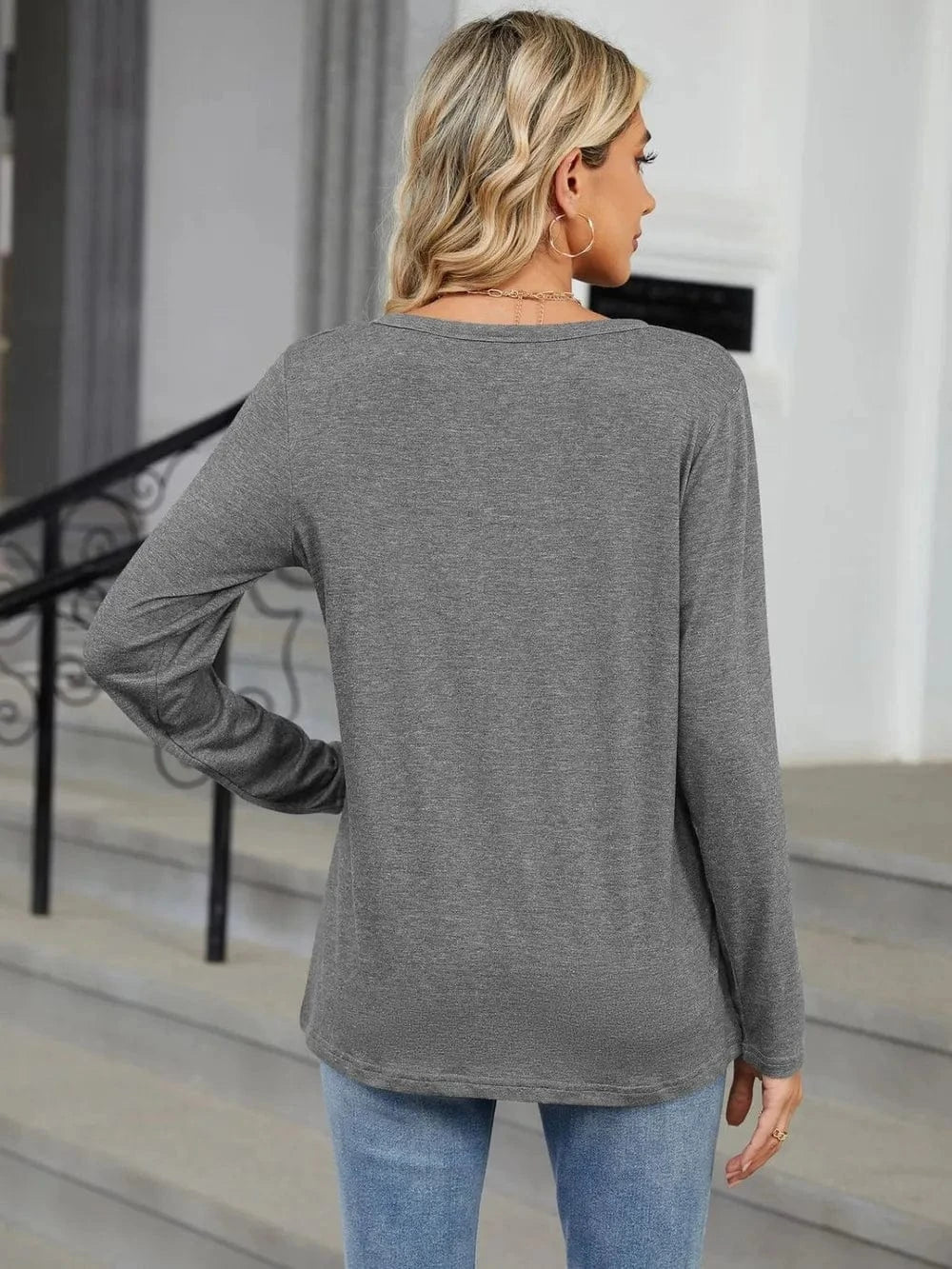 Notched Long Sleeve T-Shirt tops