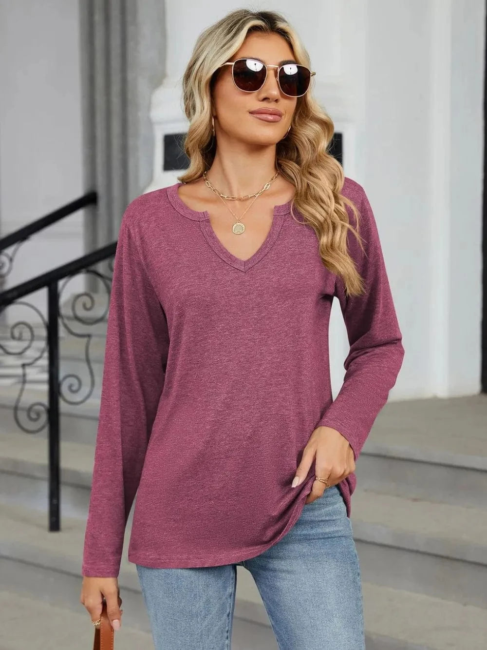 Notched Long Sleeve T-Shirt tops