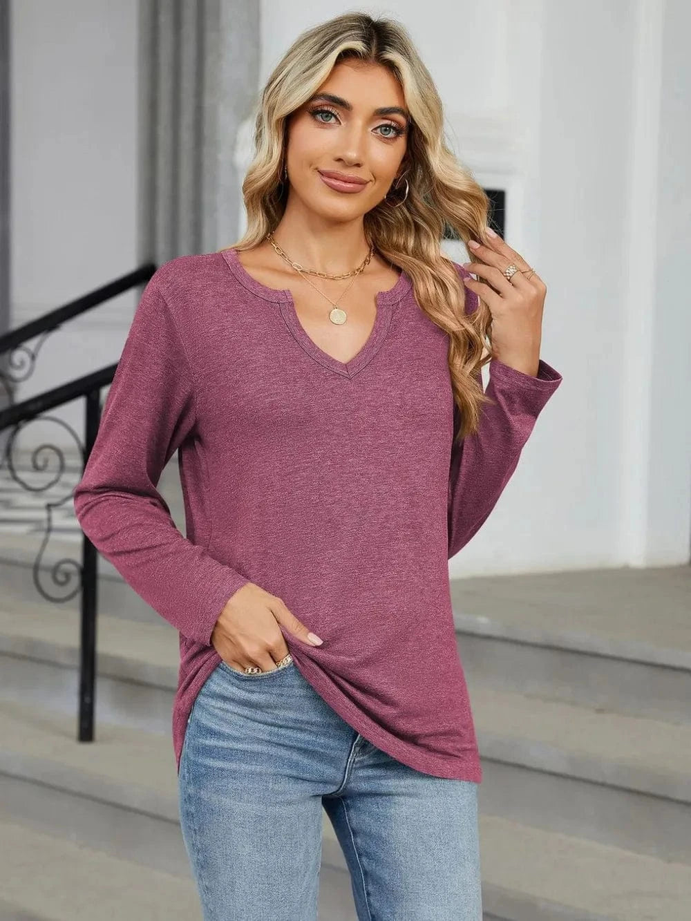 Notched Long Sleeve T-Shirt tops
