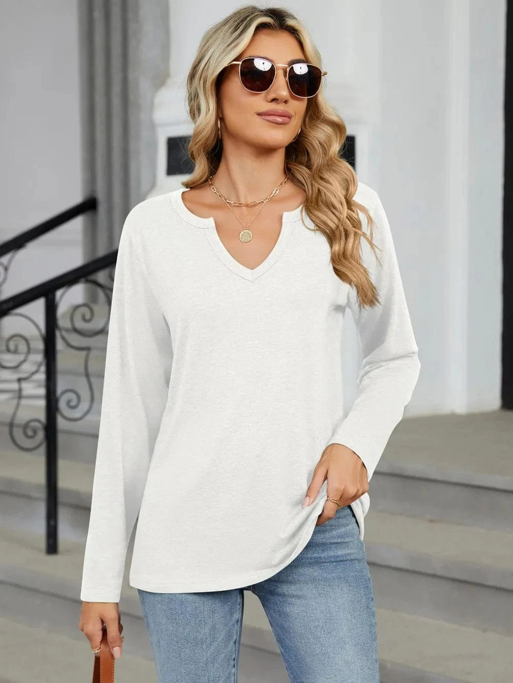 Notched Long Sleeve T-Shirt tops