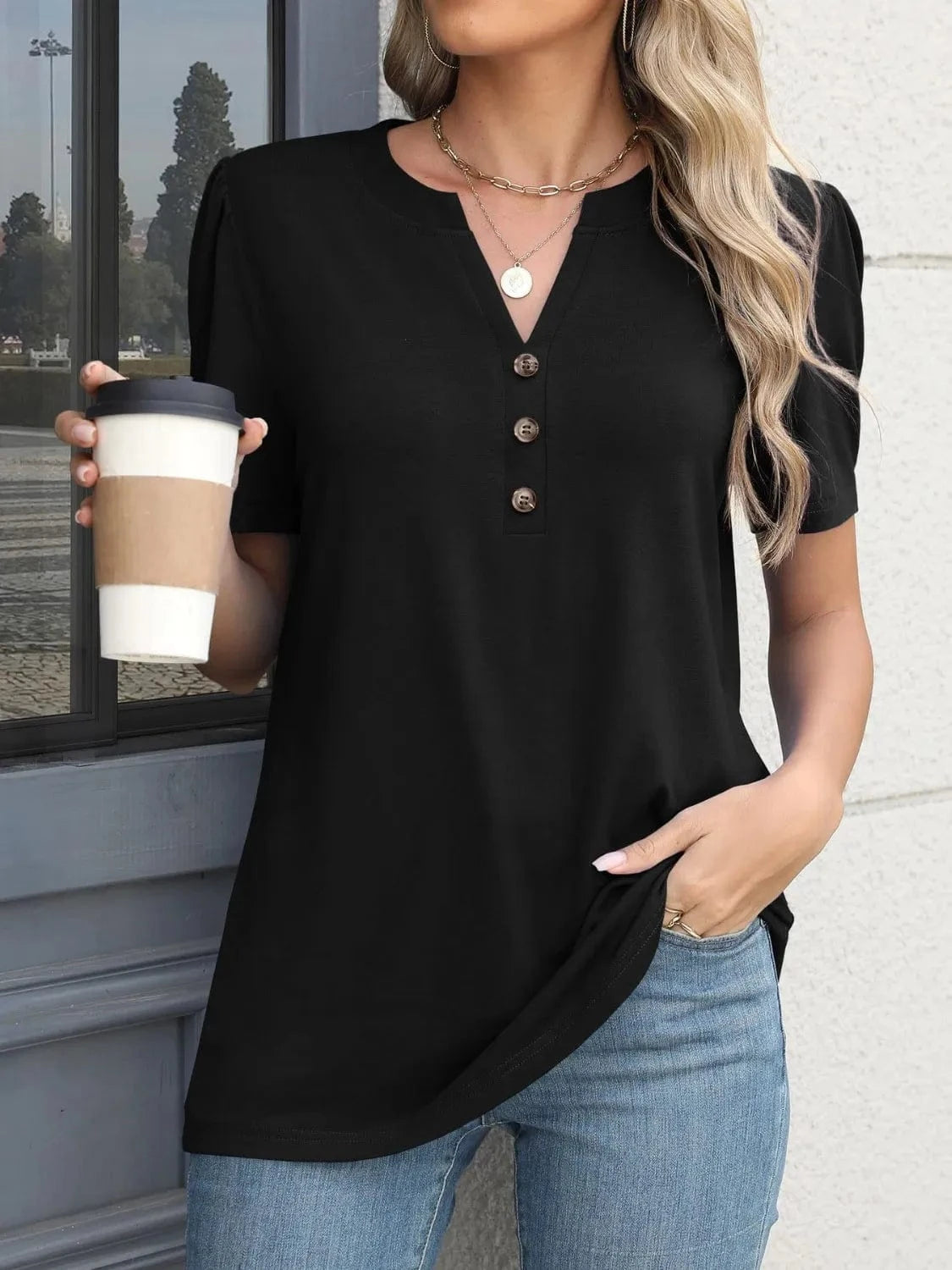 Notched Short Sleeve T-Shirt tops
