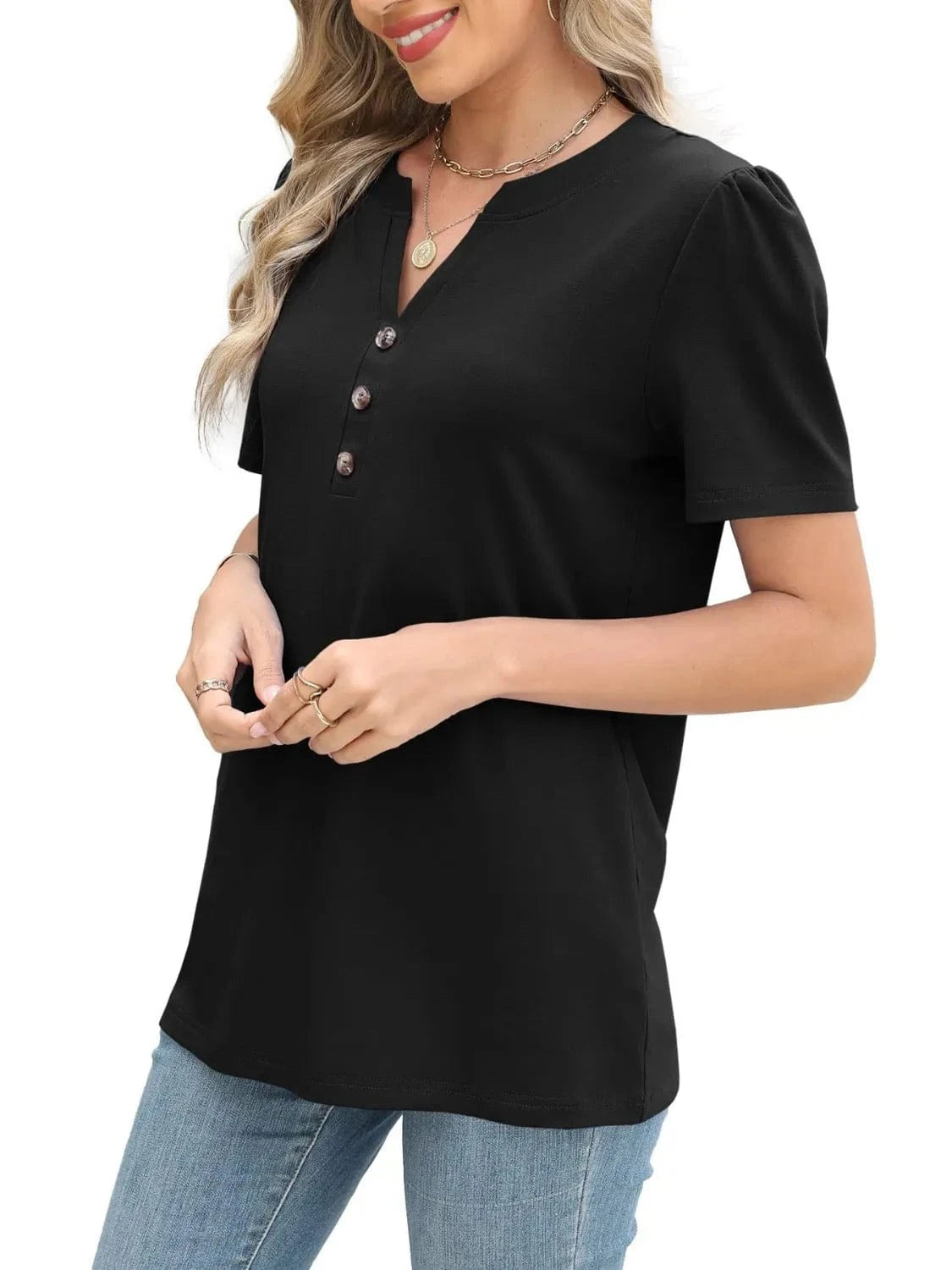 Notched Short Sleeve T-Shirt tops