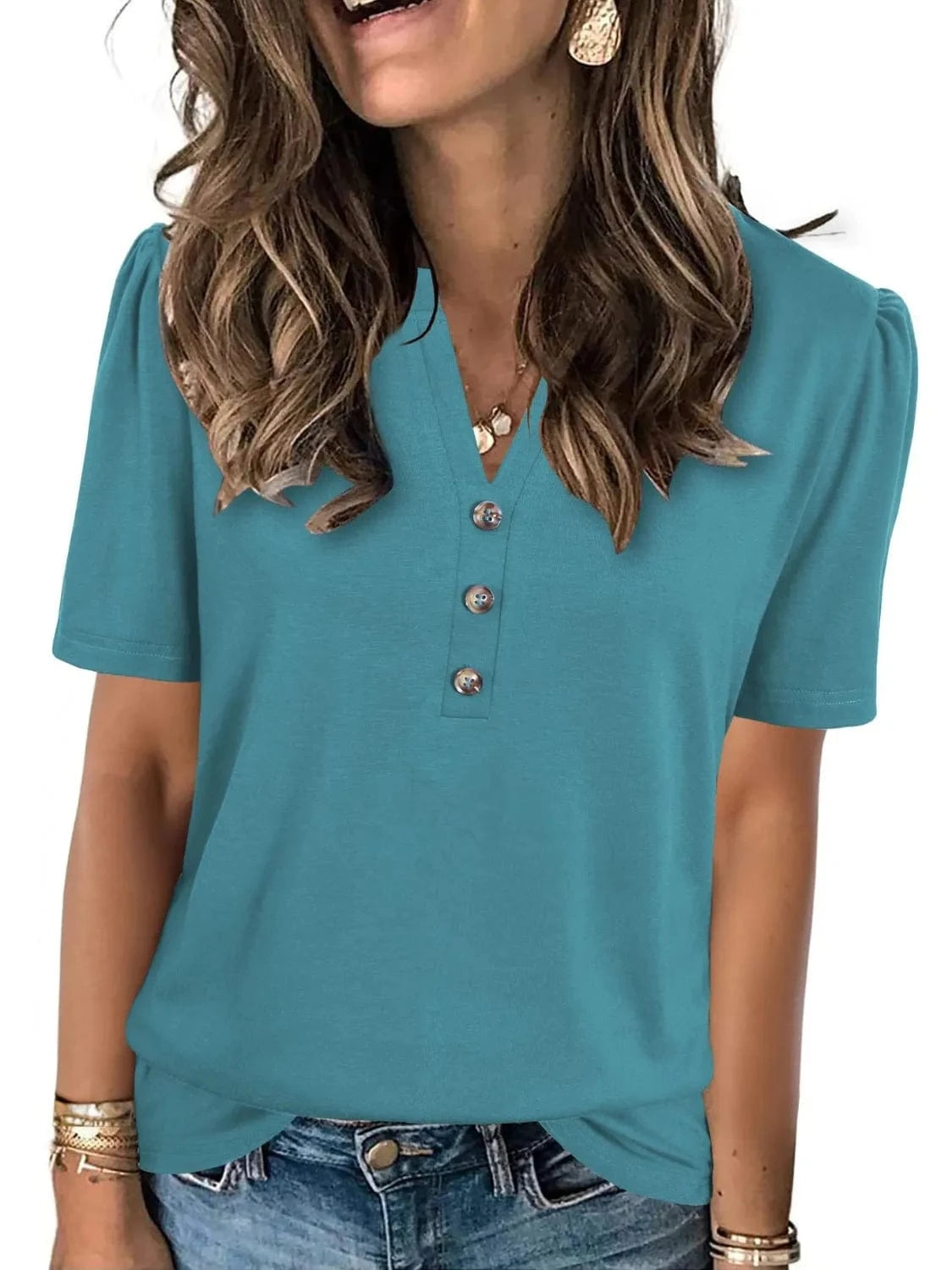 Notched Short Sleeve T-Shirt tops