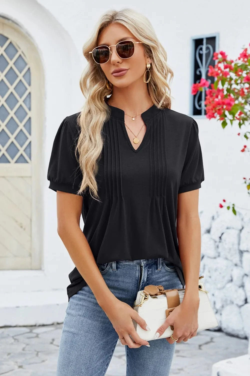 Notched Short Sleeve T-Shirt tops