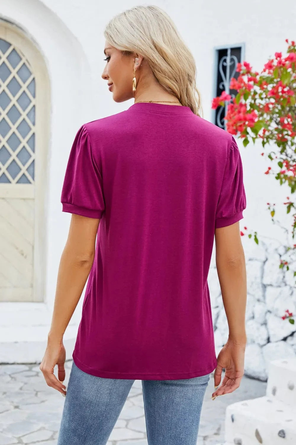 Notched Short Sleeve T-Shirt tops