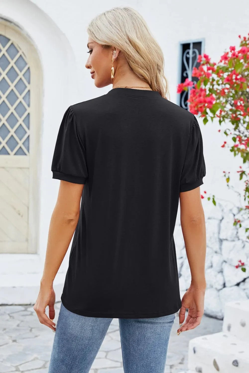 Notched Short Sleeve T-Shirt tops