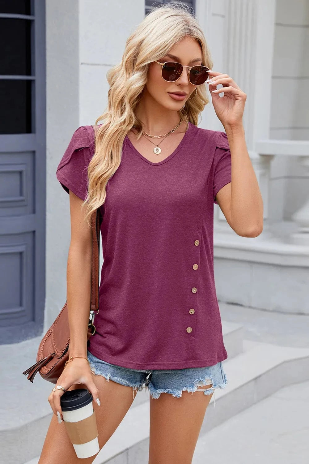 Red-Violet V-Neck Short Sleeve T-Shirt tops