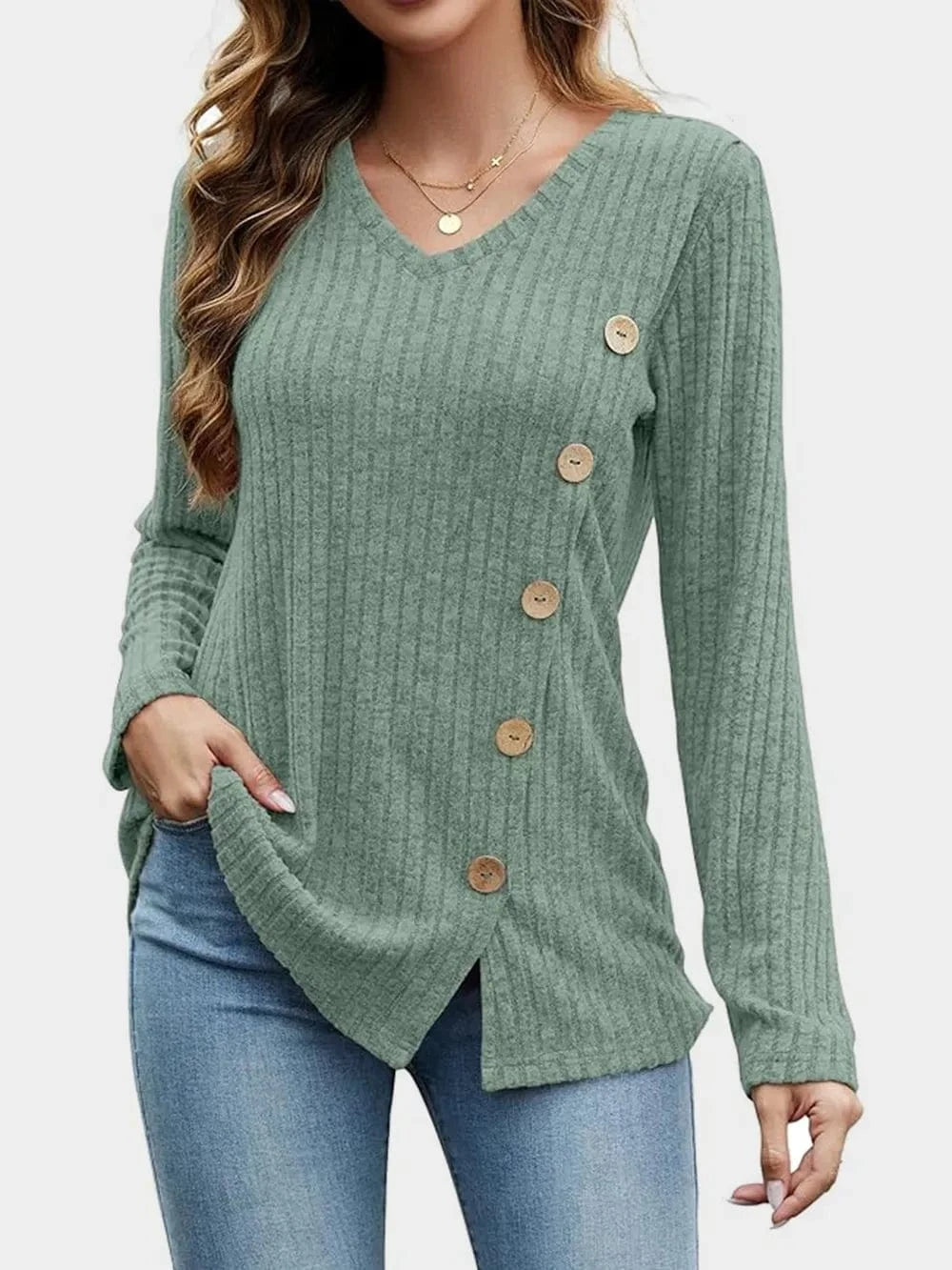 Sage V-Neck Long Sleeve T-Shirt tops