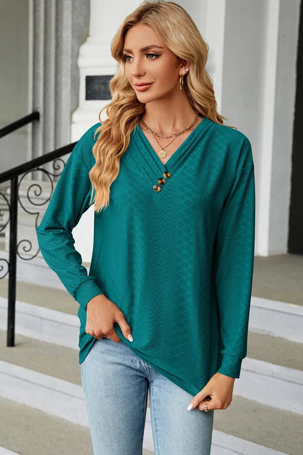 Turquoise V-Neck Long Sleeve T-Shirt tops