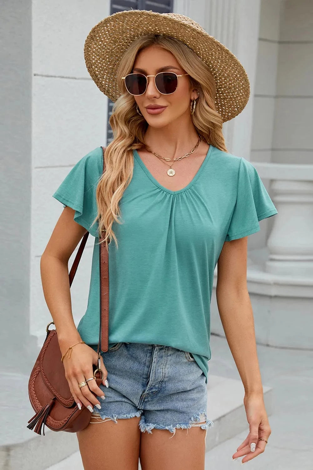 Turquoise V-Neck Short Sleeve T-Shirt tops