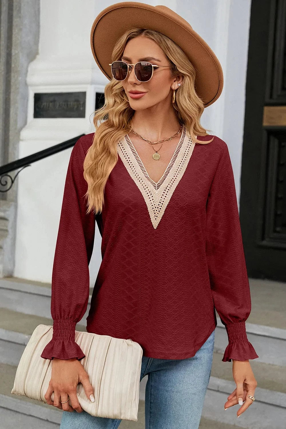 V-Neck Flounce Sleeve T-Shirt tops