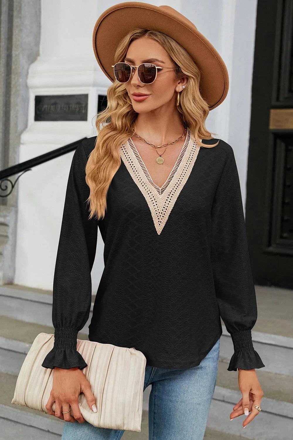 V-Neck Flounce Sleeve T-Shirt tops