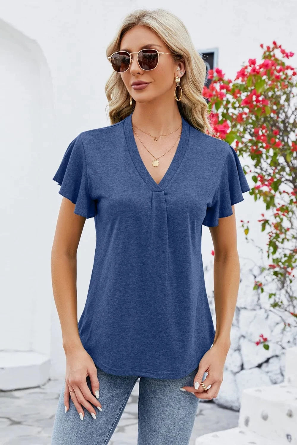 V-Neck Flutter Sleeve T-Shirt tops