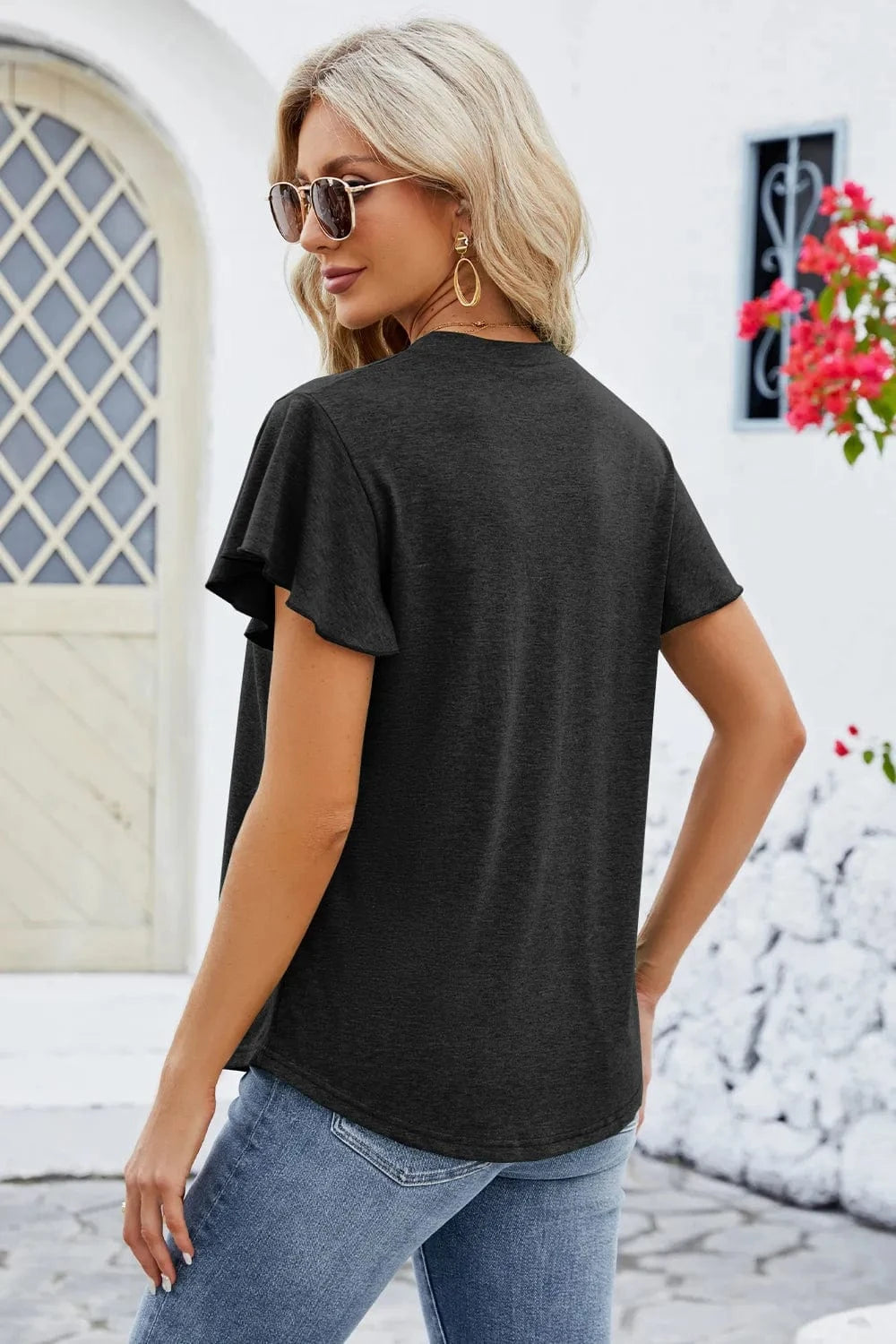 V-Neck Flutter Sleeve T-Shirt tops