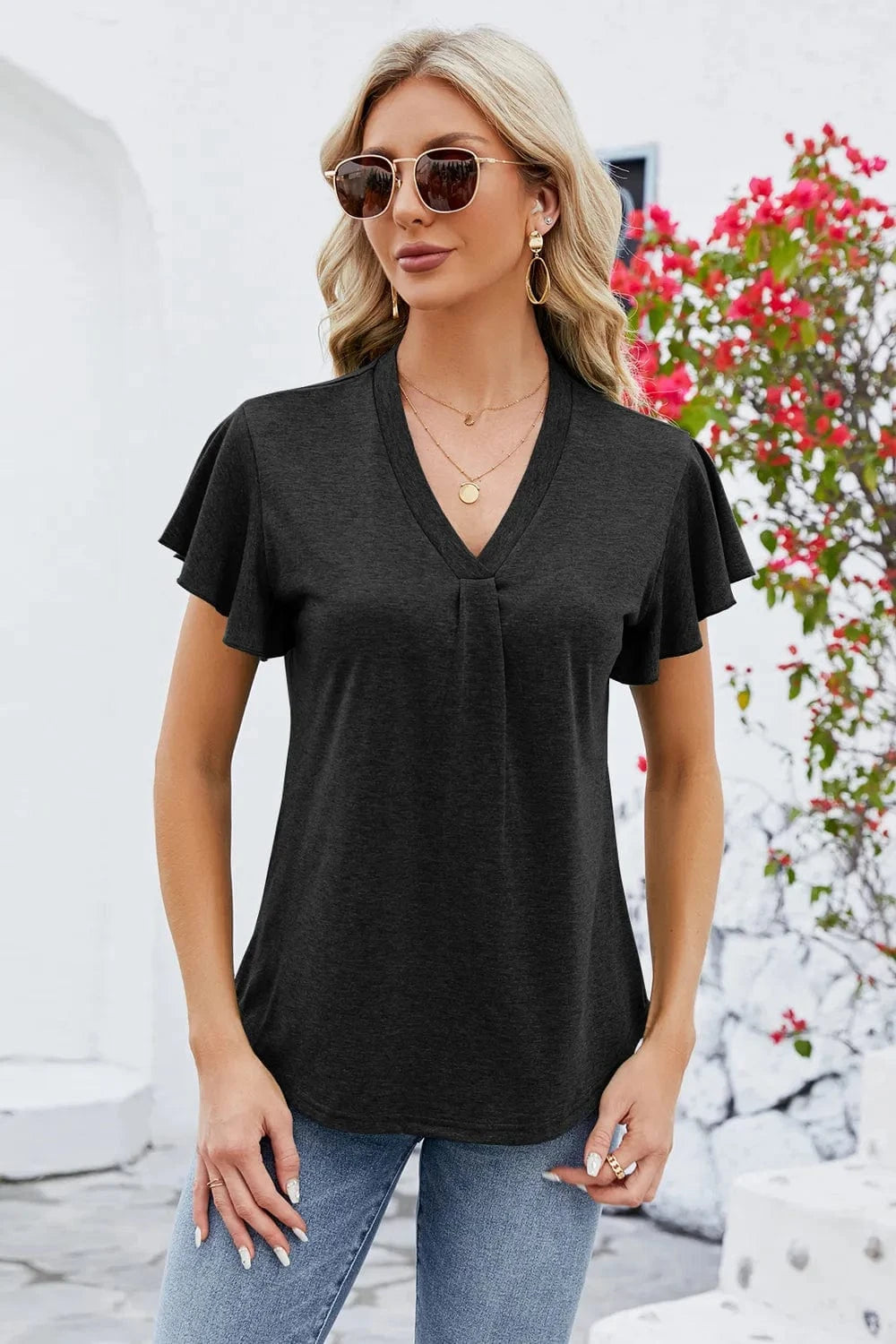 V-Neck Flutter Sleeve T-Shirt tops