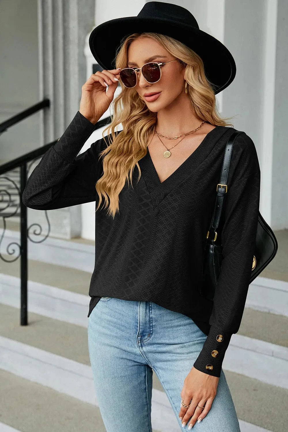 V-Neck Lantern Sleeve T-Shirt tops