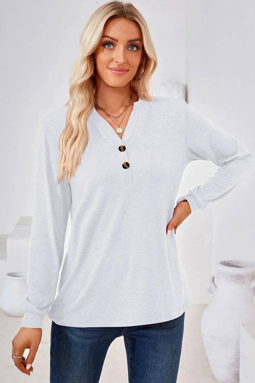 White Notched Long Sleeve T-Shirt tops