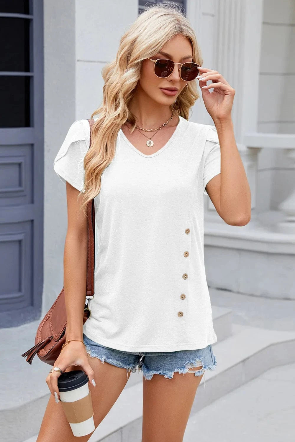 White V-Neck Short Sleeve T-Shirt tops