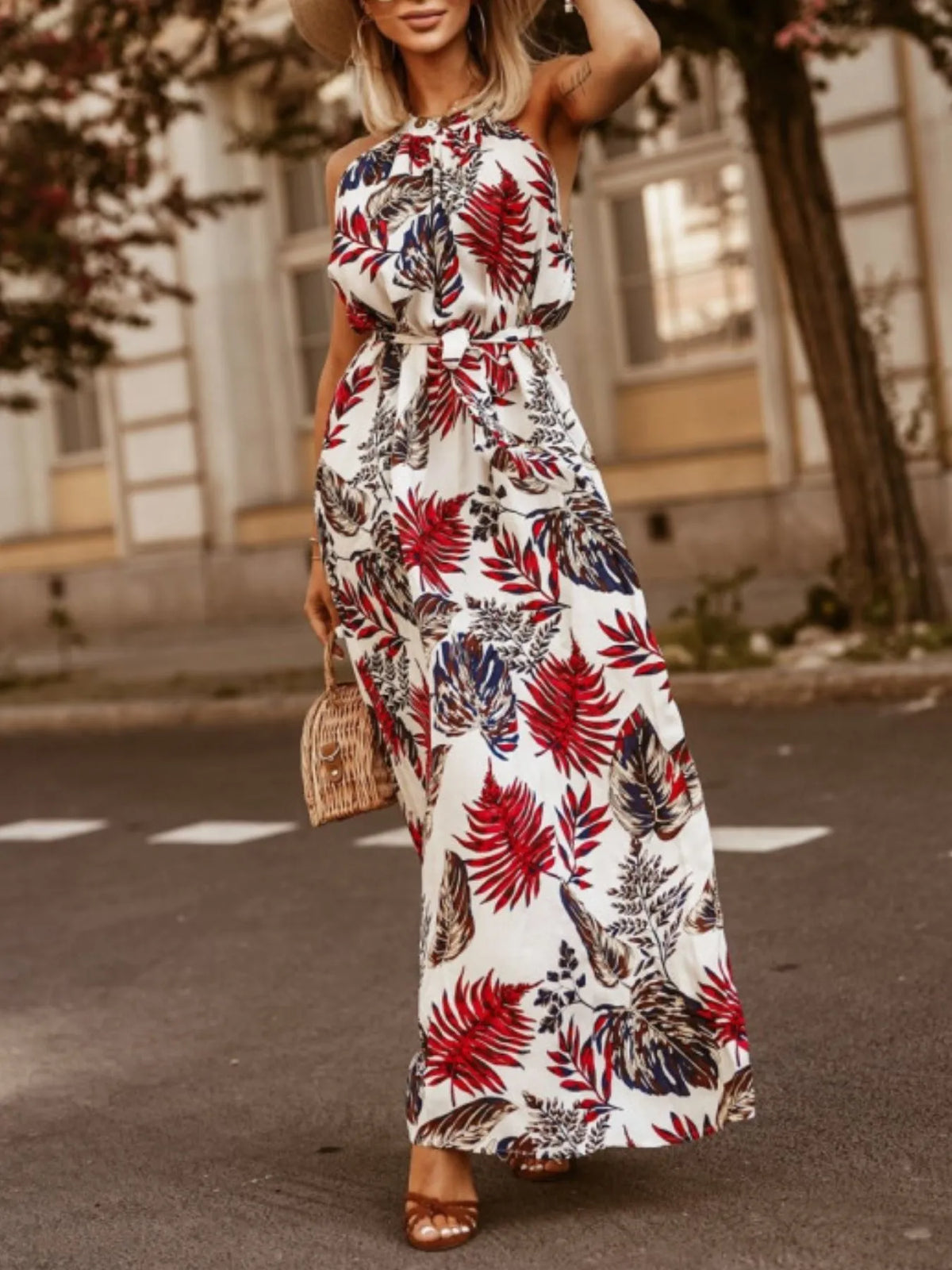 Tropical Floral Halter Maxi Dress