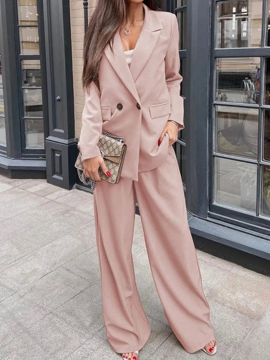 Apricot Buttoned Lapel Collar Long Sleeve Blazer and Pants Set Two-Piece sets
