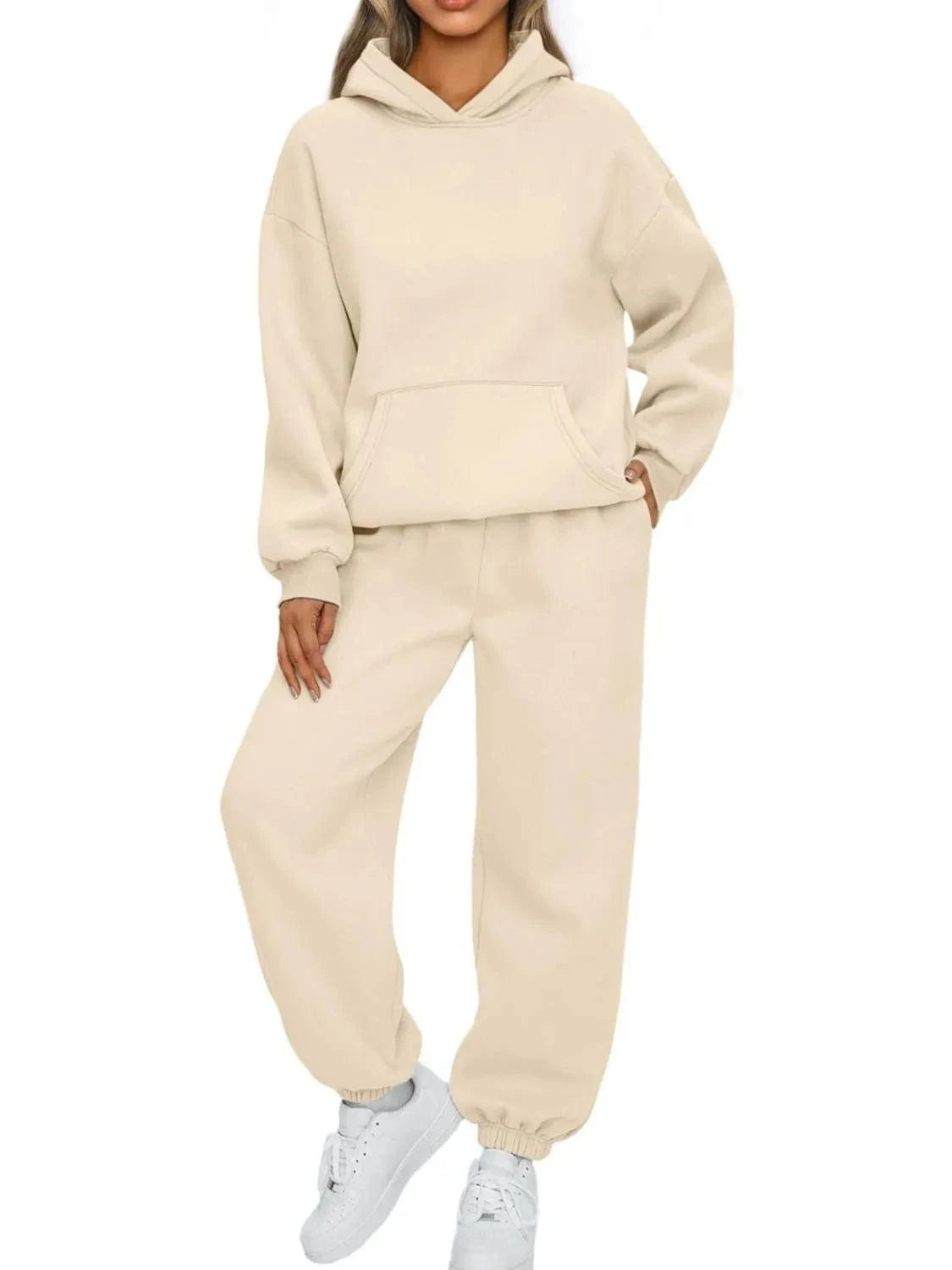Apricot Full Size Kangaroo Pocket Hoodie and Joggers Set Plus Size Two-Piece sets