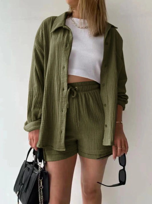 Army Green Button Up Shirt and Shorts Set Two-Piece sets